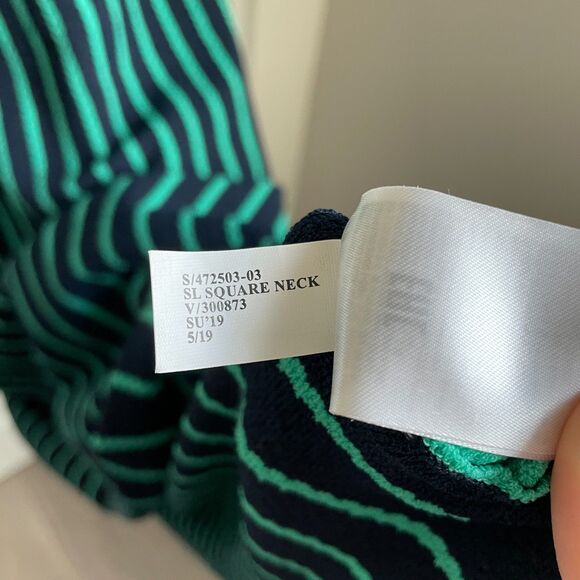 Banana Republic SQUARE-NECK KNIT MIDI DRESS in Navy & Emerald Green Stripe - Picture 7 of 9